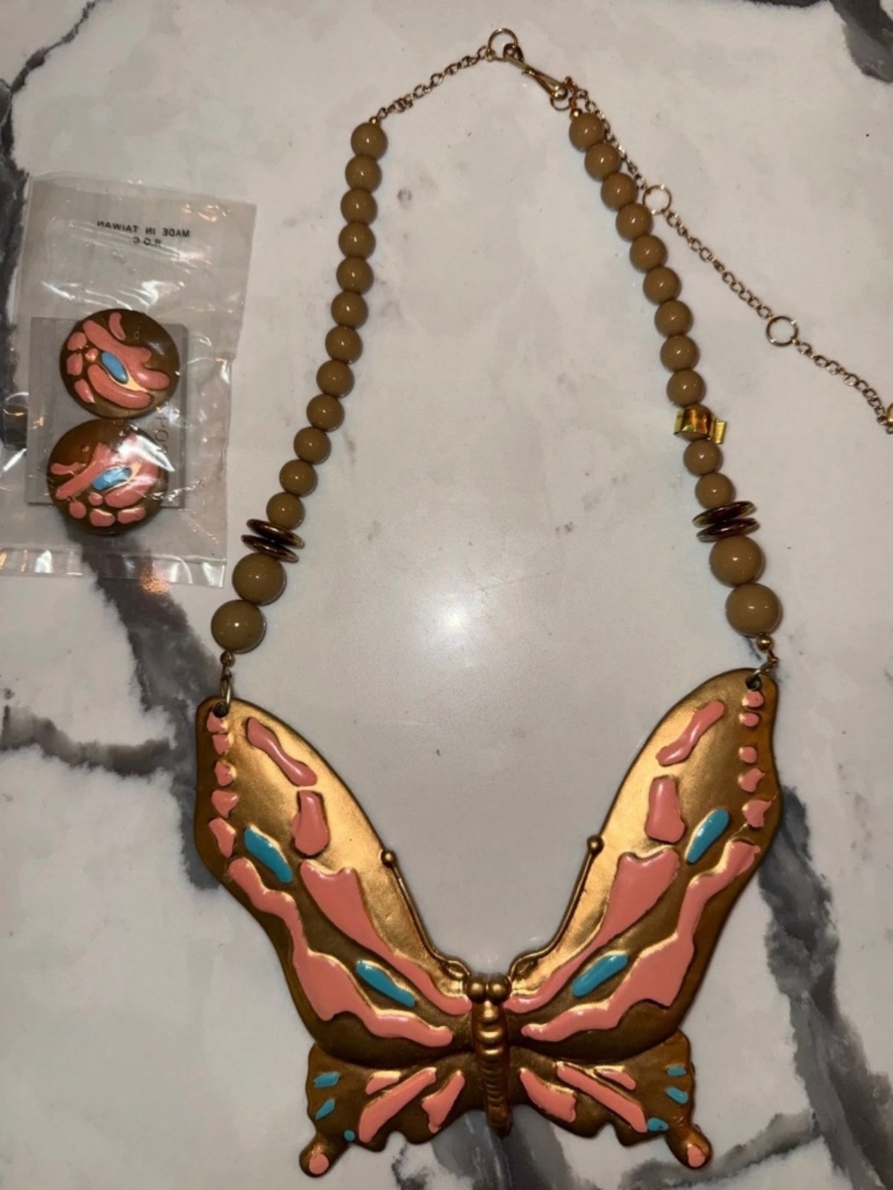 Vintage Oversized Butterfly Statement Necklace +Earrings Set Y2K 90s Retro